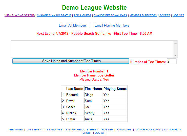 Demo League Web Site Welcome Page