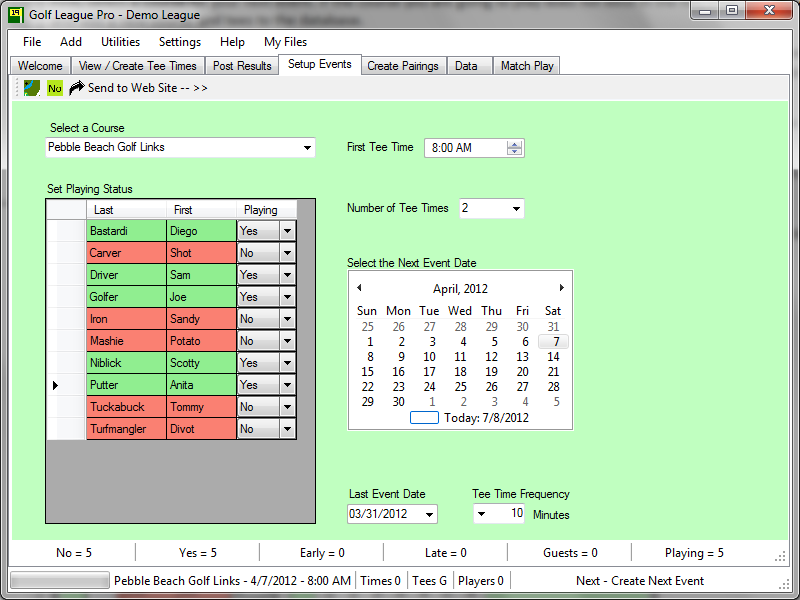 Setup Events Tab in Golf League Pro