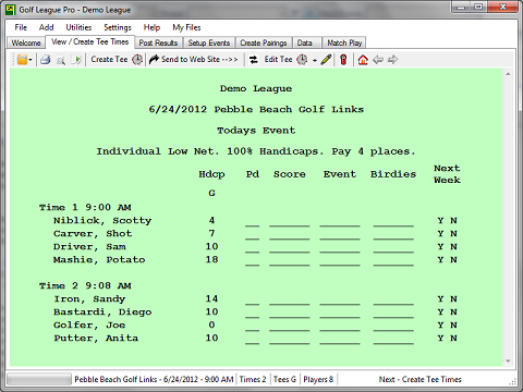 Viewer Tab in Golf League Pro Displaying a Tee Sheet